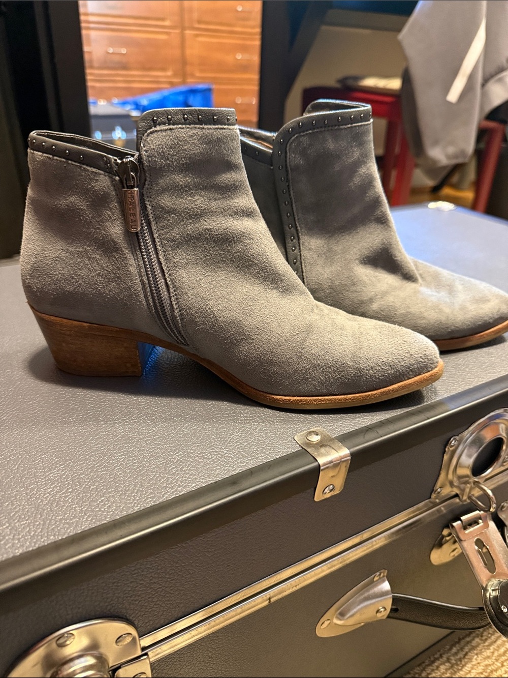 Gray Suede Ankle Booties with Low Stacked Heel